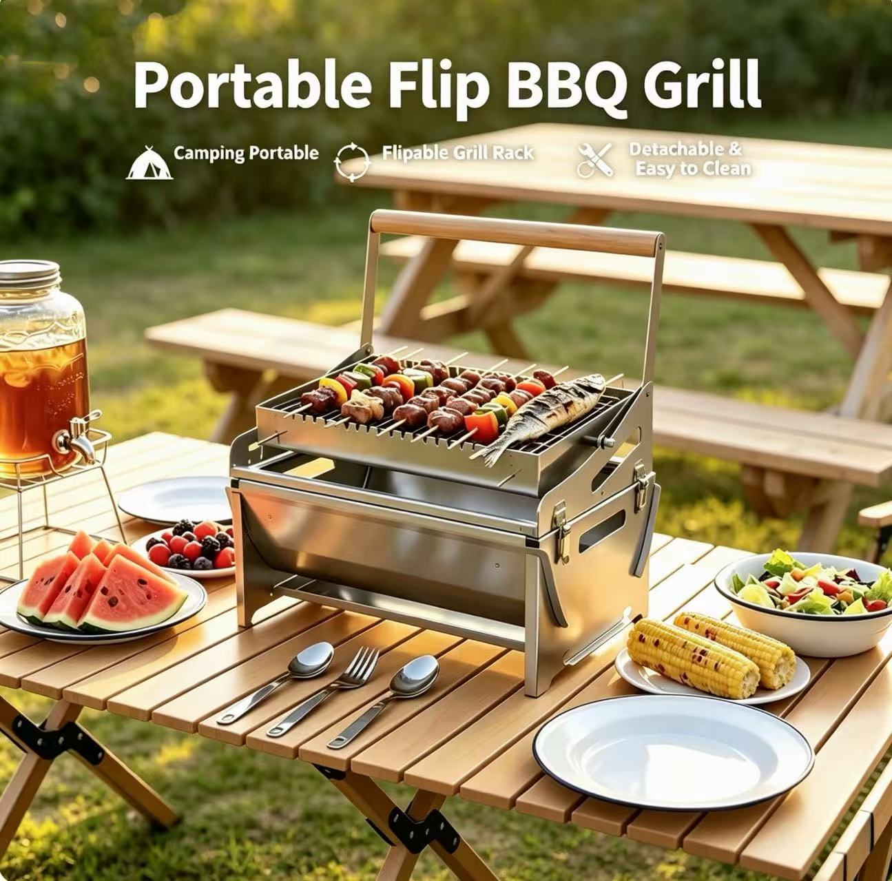 Camp Grill Portable Folding - Draagbare barbecue van roestvrij staal, met
