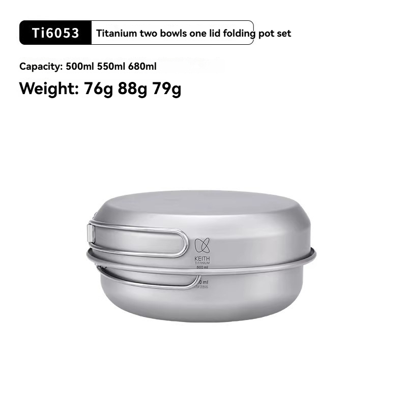 Camping Cooking Pan Set - Keith 3-delige titanium kookpannenset met opvouwbare