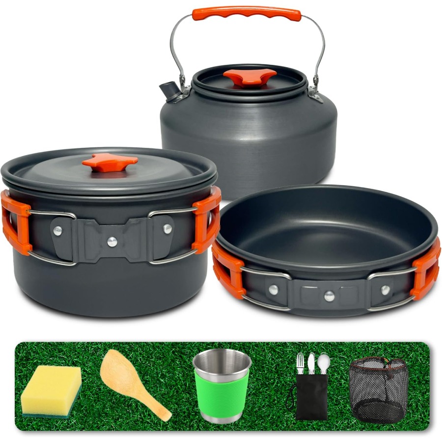 Camping Cooking Pan Set - Campingkookgerei: 35oz antiaanbakpan + 59oz koekenpan,