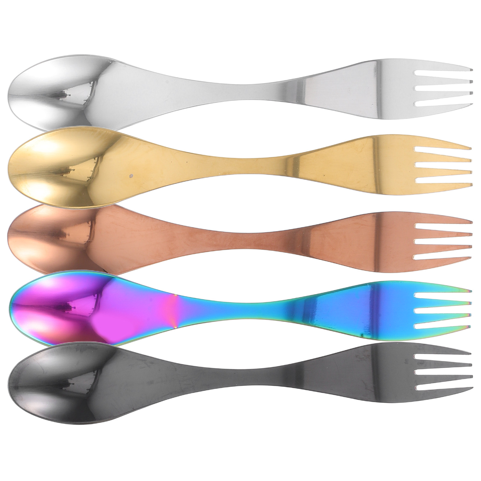 Camp Spork Set - 5-delige set van roestvrijstalen lepel-vorkcombinaties, 2-in-1,