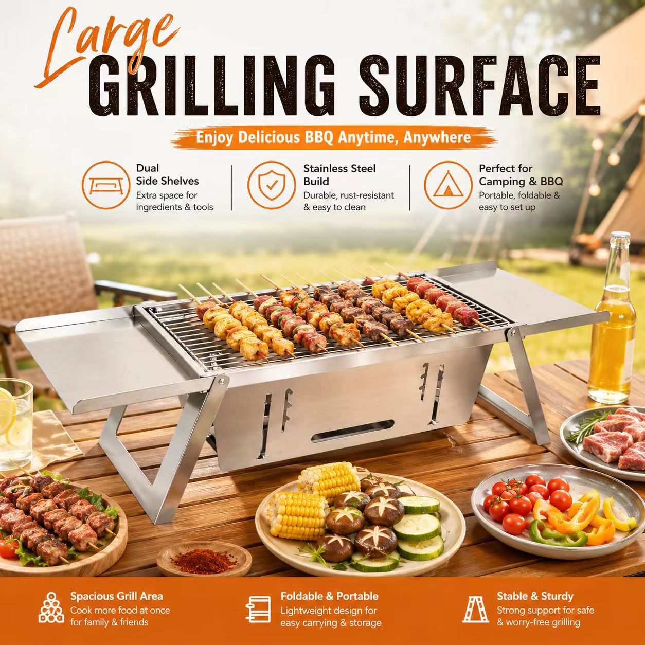 Camp Grill Portable Folding - Opvouwbare roestvrijstalen houtskoolbarbecue, draagbare buitenbarbecue voor