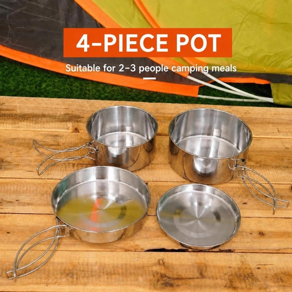 4-delige draagbare roestvrijst - Camping Cooking Pan Set recensie en prijs